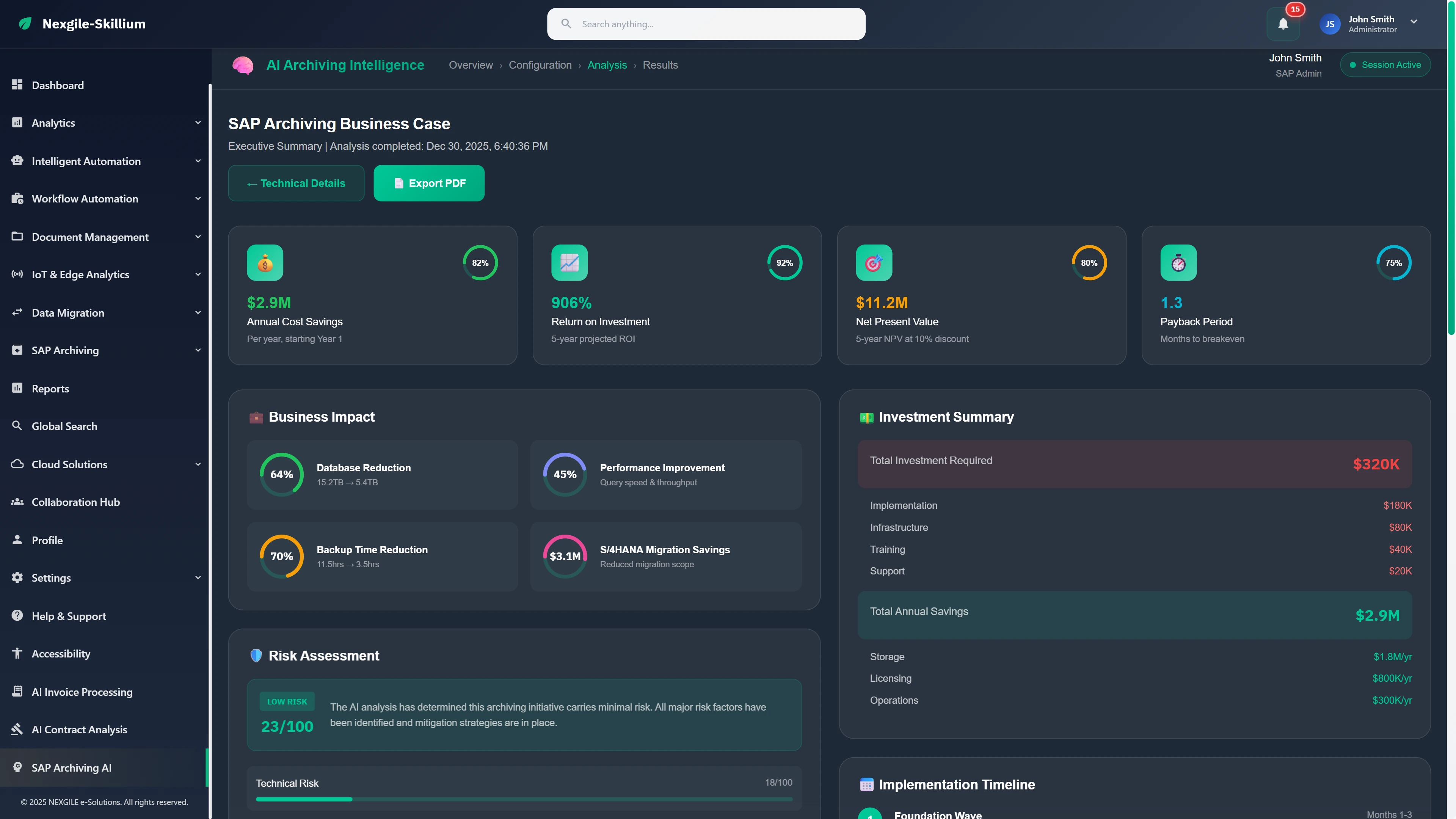 Illustrative preview (sample data, not verified outcomes): SAP Archiving Business Case - Executive ROI summary with investment analysis, risk assessment, and implementation timeline